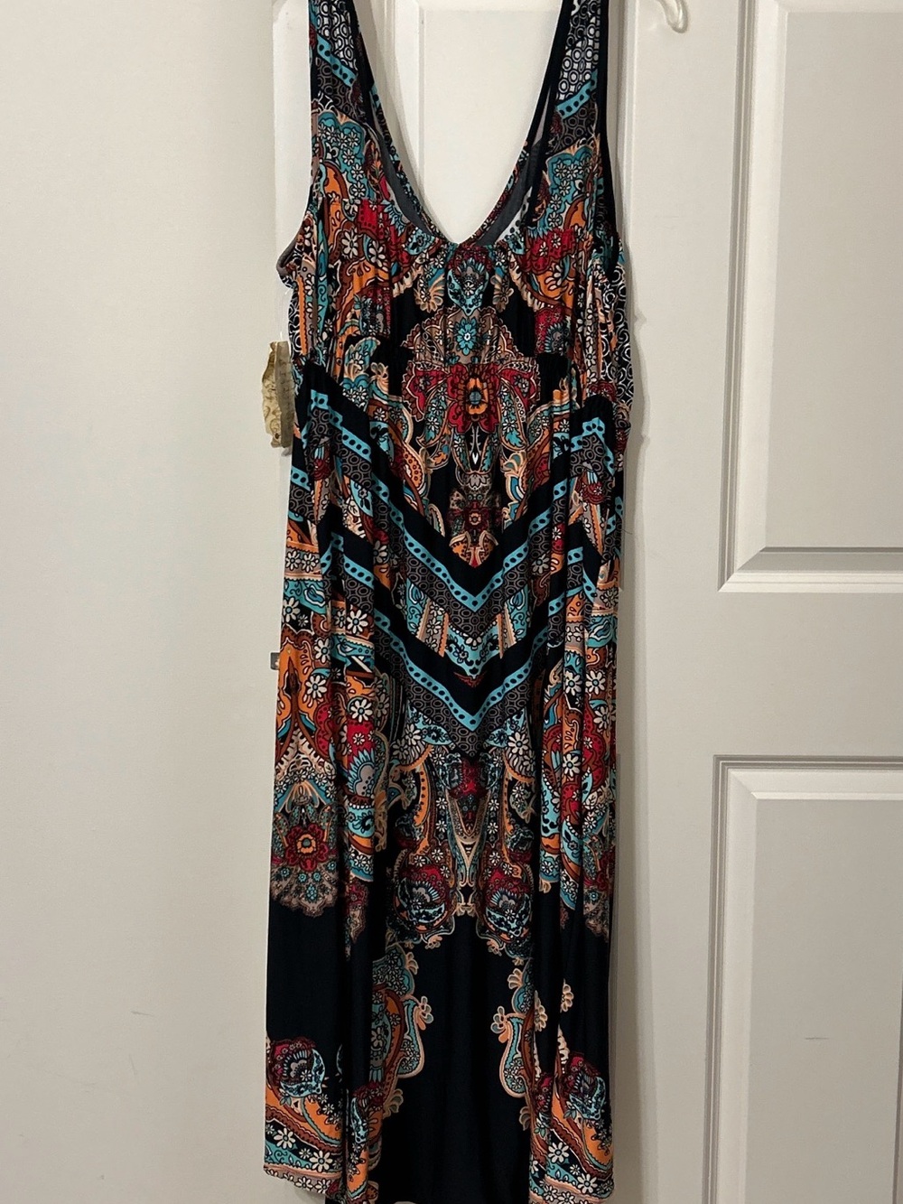NWT ONE WORLD Sleeveless V-Neck Maxi Dress in Black with Turquoise & Red Accents - Picture 9 of 10